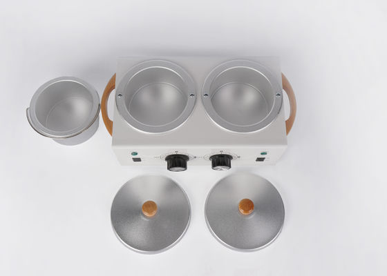 Calentador de cera de doble olla 500cc * 2 calentador de cera de metal para salón de belleza 2LB doble 500ml para nosotros 300w 500cc * 2 mango de madera proveedor